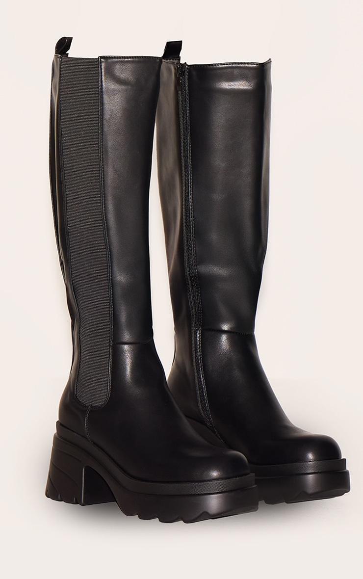 Black Pu Chunky Chelsea Heeled Knee High Boots Product Image