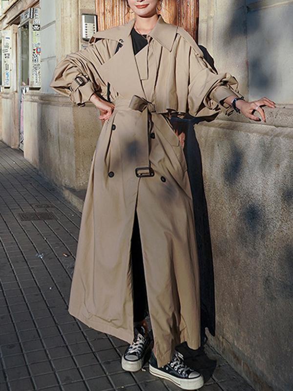Long Sleeves Loose Buckle Buttoned Split-Back Tied Waist Lapel Outerwear Trench Coats Product Image