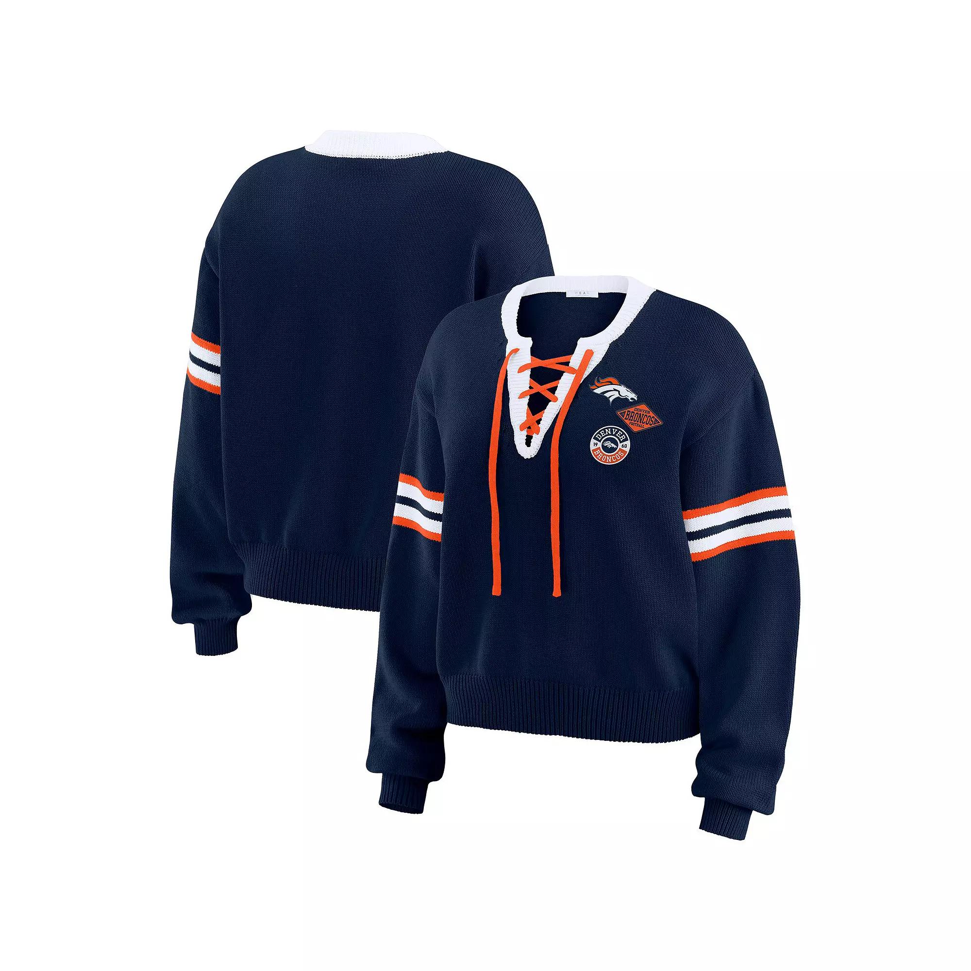 Women's WEAR by Erin Andrews Navy Denver Broncos Lace-Up Pullover Sweatshirt,  Product Image