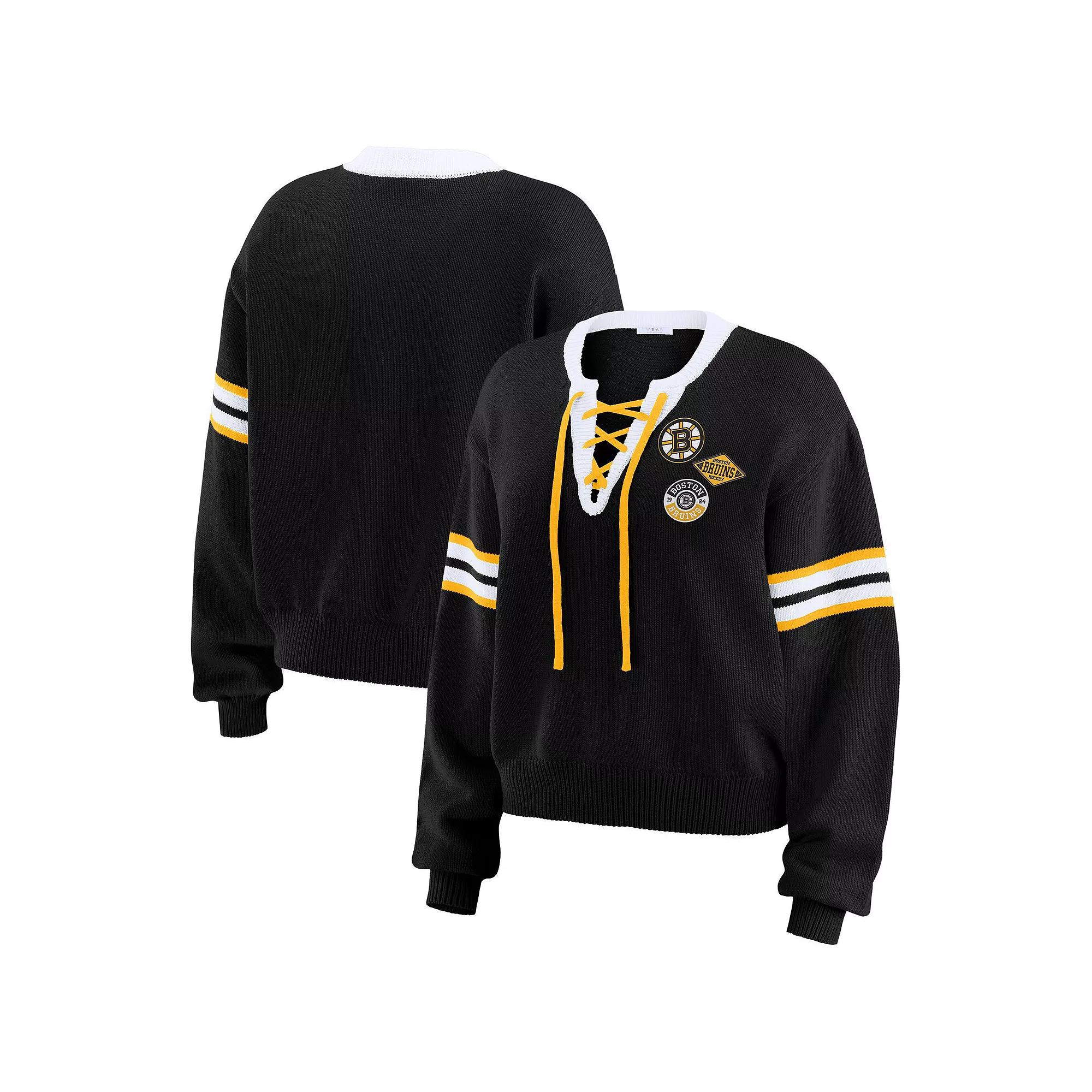 Women's WEAR by Erin Andrews Black Boston Bruins Cropped Lace-Up Sweater,  Product Image