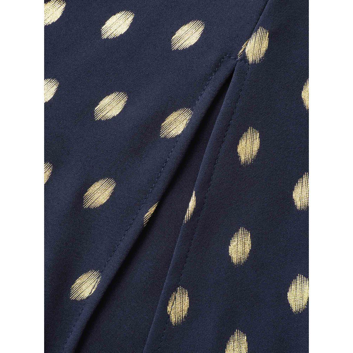 Plus Size Gold Polka Dots Waist-Defining Midi Dress Indigo Women Party&Cocktail Overlapping Overlap Collar Sleeveless Curvy BloomChic 12/L Product Image