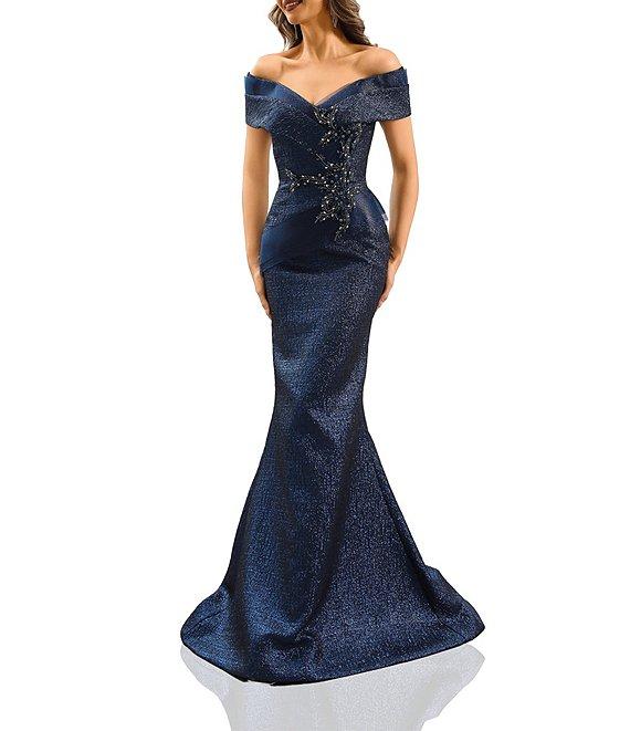 Terani Couture Metallic Jacquard Off-The-Shoulder Beaded Bodice Mermaid Gown Product Image