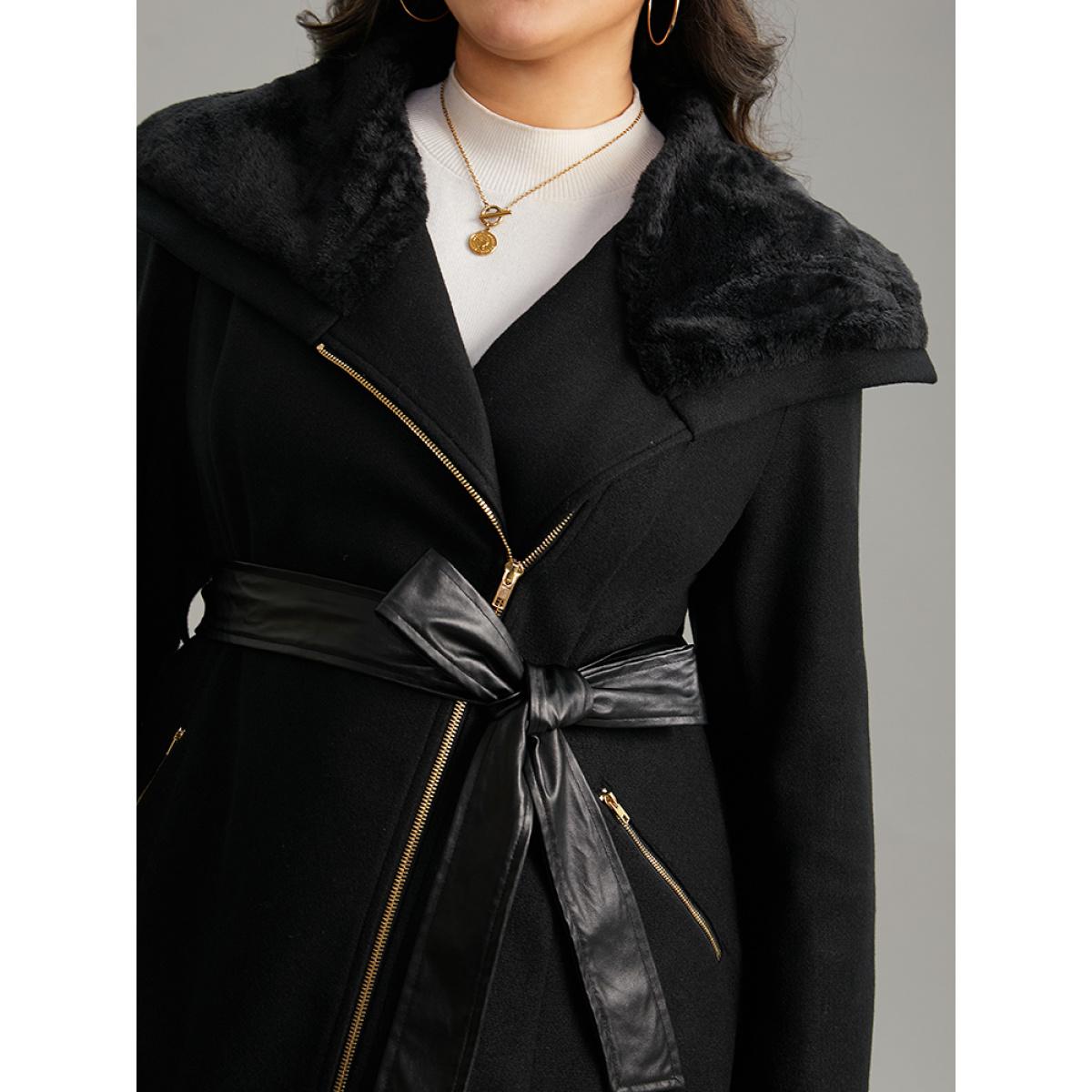 Plus Size Solid Zipper Belted PU Leather Knot Fuzzy Trim Coat Women Black Casual Plain Ladies Dailywear Winter Coats BloomChic 10/M Product Image