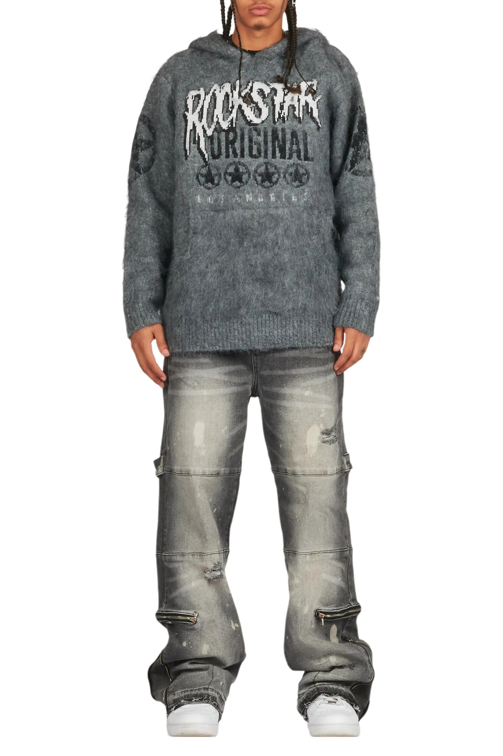 Wizzurd Grey Graphic Knitted Mohair Hoodie Male Product Image