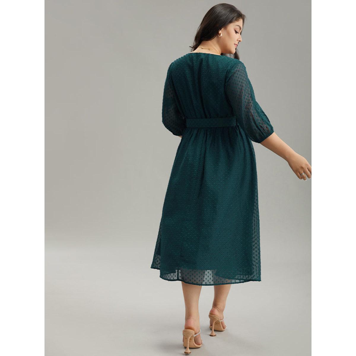 Plus Size Solid Texture Pocket Belted Mesh Patchwork Dress Aegean Women Glamour Elastic cuffs V-neck Elbow-length sleeve Curvy Midi Dress BloomChic 18-20/2X Product Image