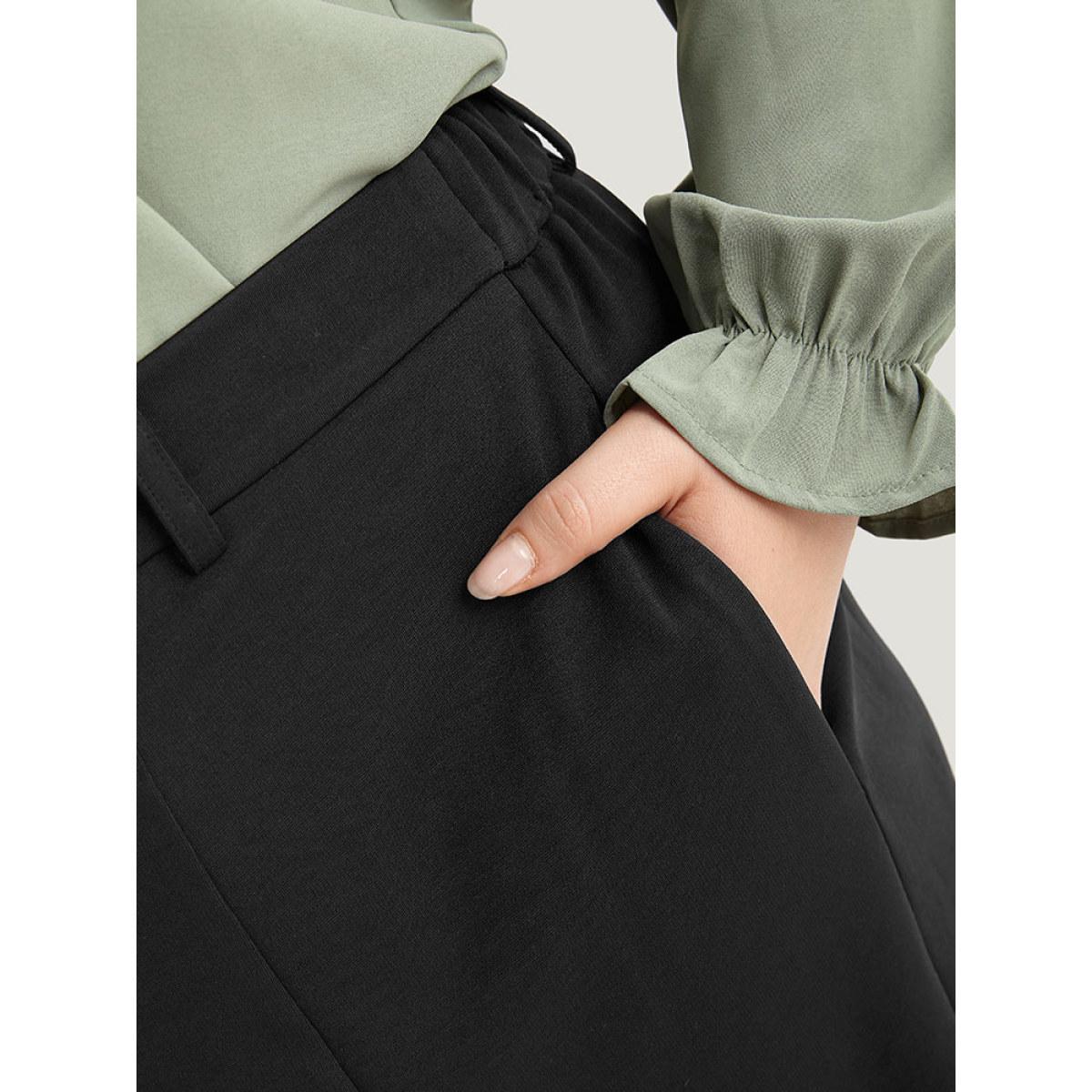 Plus Size Plain Split Front Pleated Pants Women Black At the Office Straight Leg High Rise Office Pants BloomChic 22-24/3X Product Image