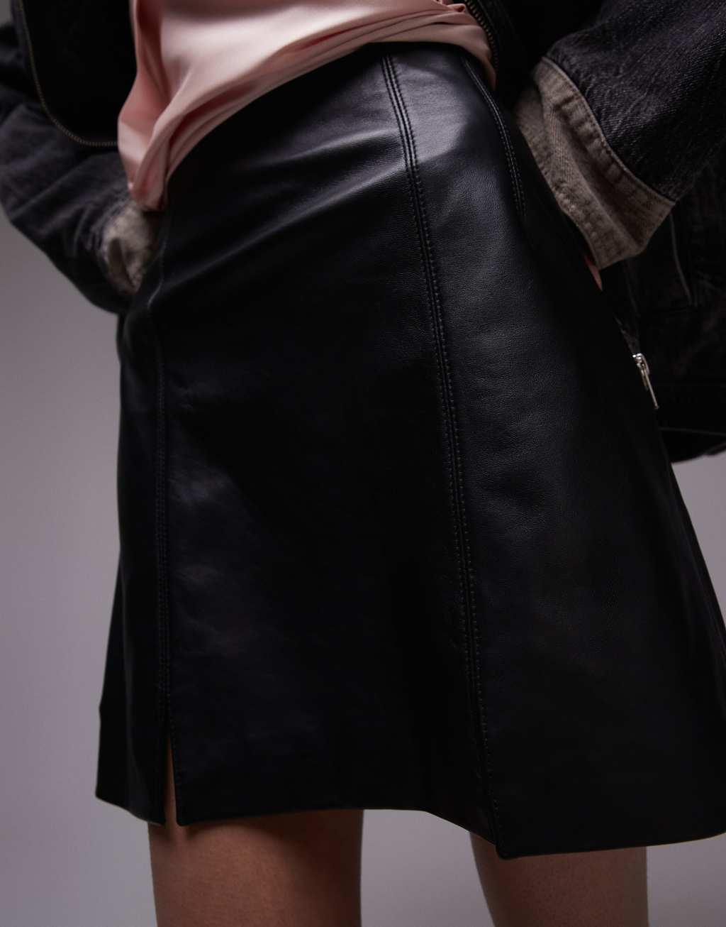 Topshop seamed real leather mini skirt in black Product Image