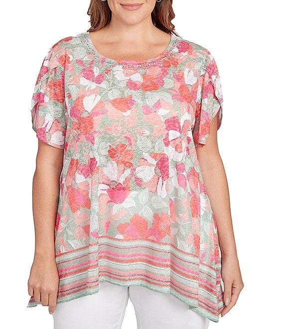 Ruby Rd. Plus Size Jersey Knit Floral Stripe Border Print Round Neck Short Sleeve Sharkbite Hem Top Product Image