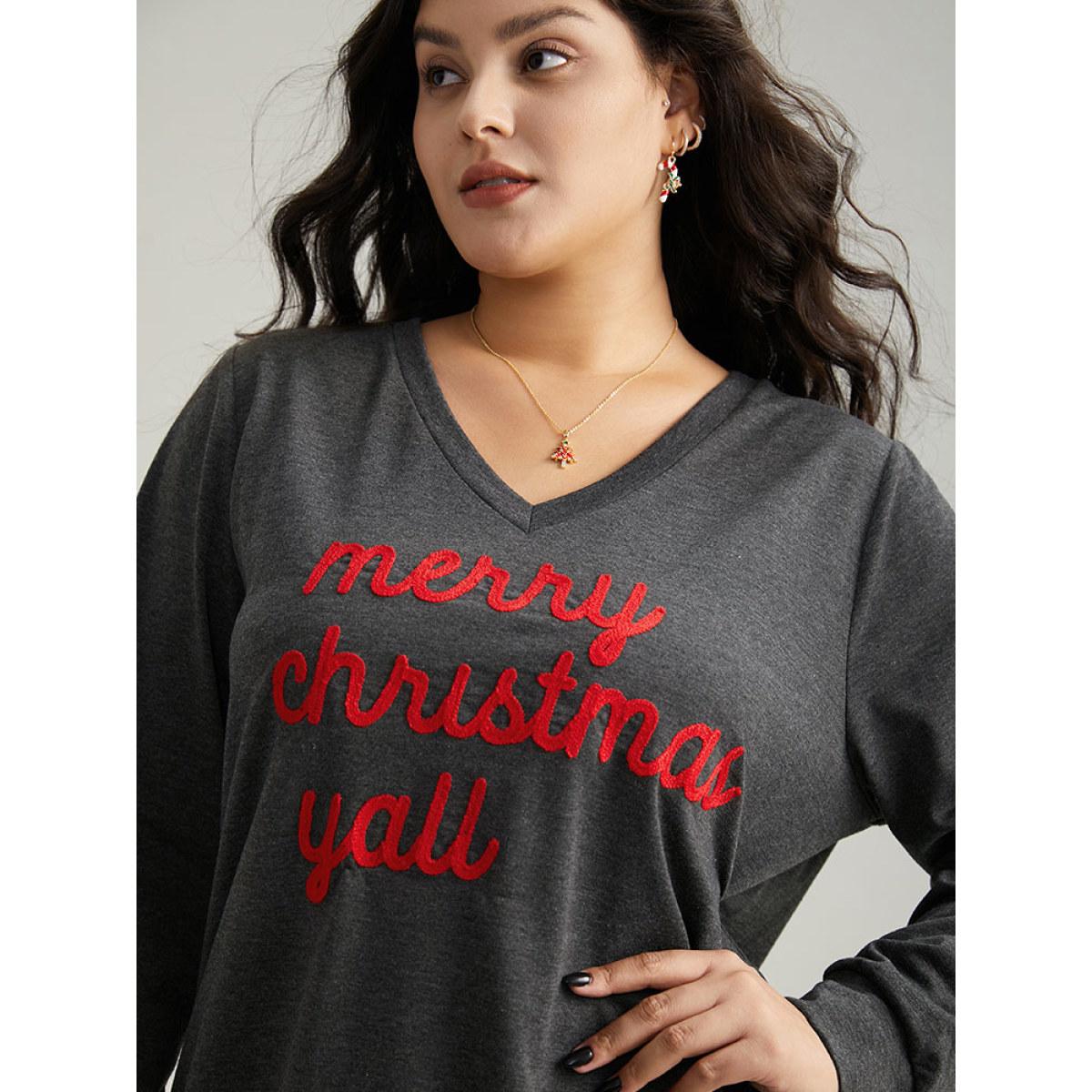 Plus Size Christmas Letter V Neck Sweatshirt Women DimGray Casual Contrast Festival-Christmas Sweatshirts BloomChic 10/M Product Image