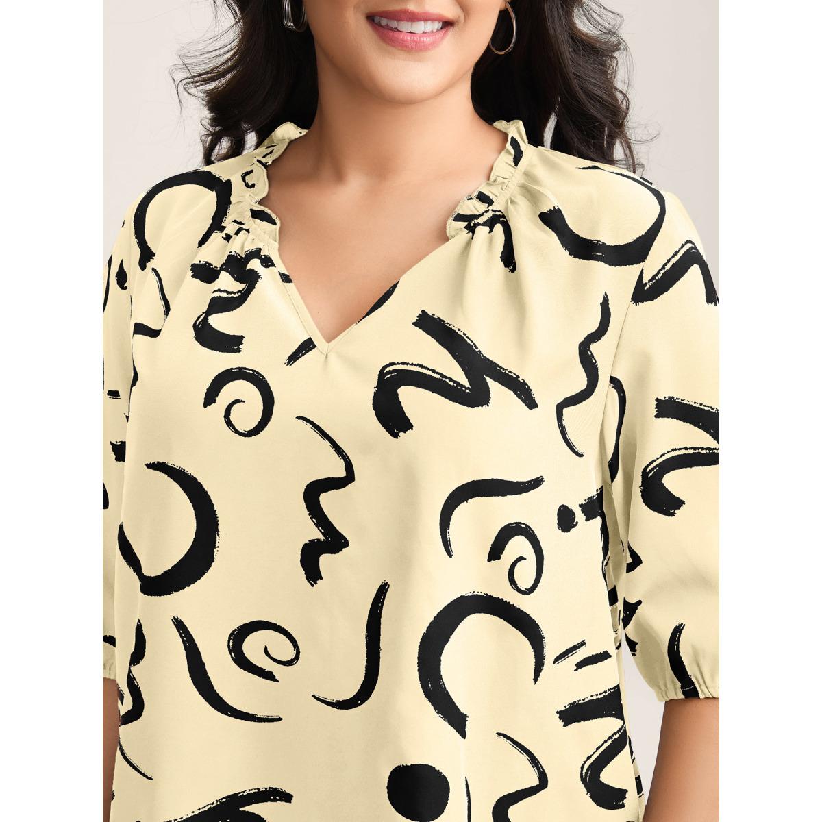 Plus Size Beige Scribble Print Ruffled Split Neck Blouse Women Office Elbow-length sleeve Notched collar Office Blouses BloomChic 22-24/3X Product Image