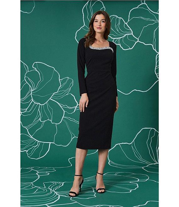Maggy London Scuba Crepe Bodycon Embellished Square Neckline Long Sleeve Midi Dress Product Image