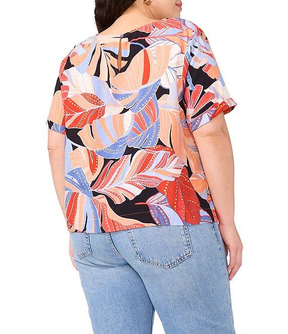 Vince Camuto Plus Size Woven Crew Tropical Palm Print Boat Neck Short Sleeve Blouse Product Image