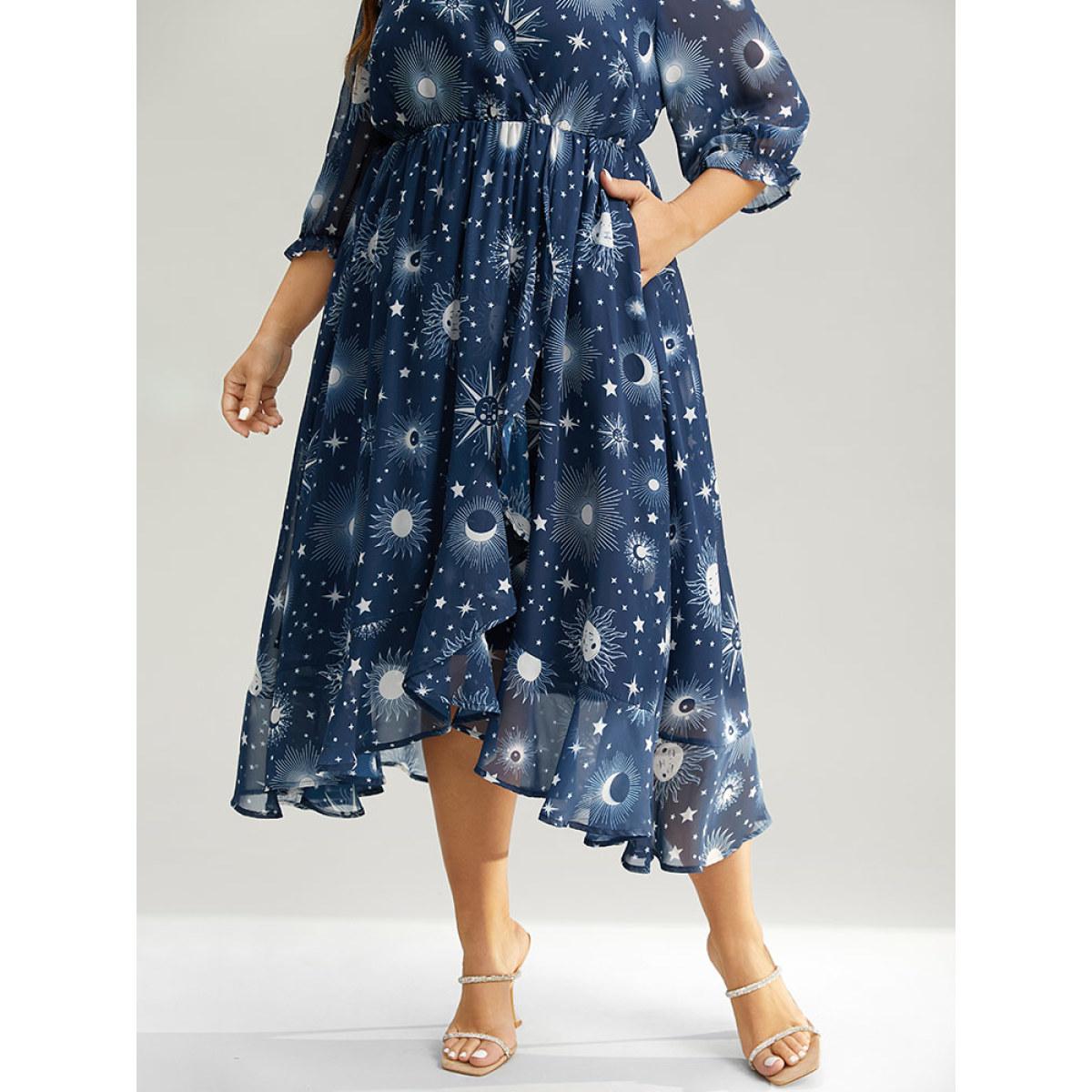 Plus Size Christmas Moon & Star Ruffles Mesh Wrap Dress Cyan Women Party Wrap Overlap Collar Elbow-length sleeve Curvy Midi Dress BloomChic 14-16/1X Product Image