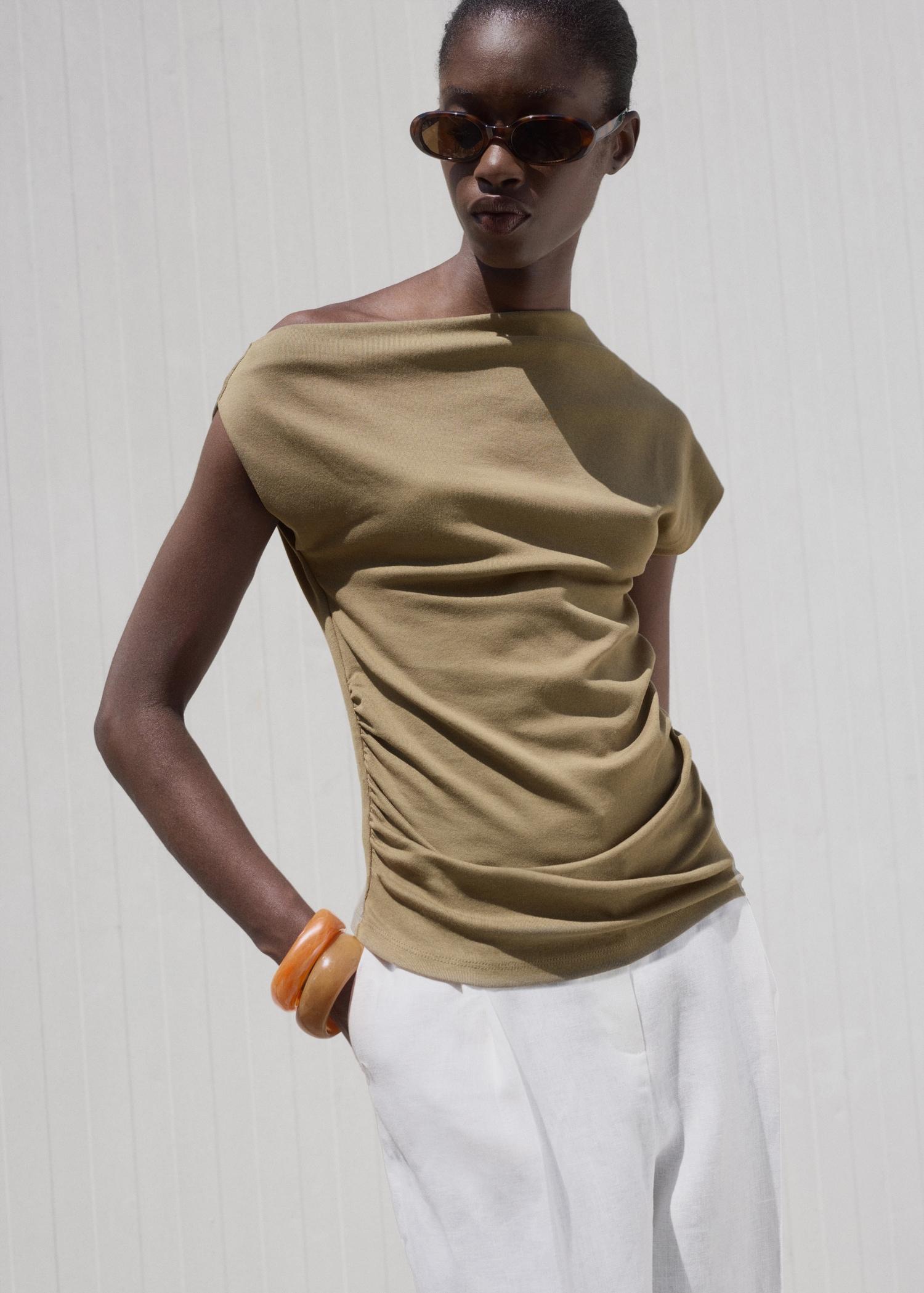 Cotton top with asymmetrical neck - Women | MANGO USA Product Image