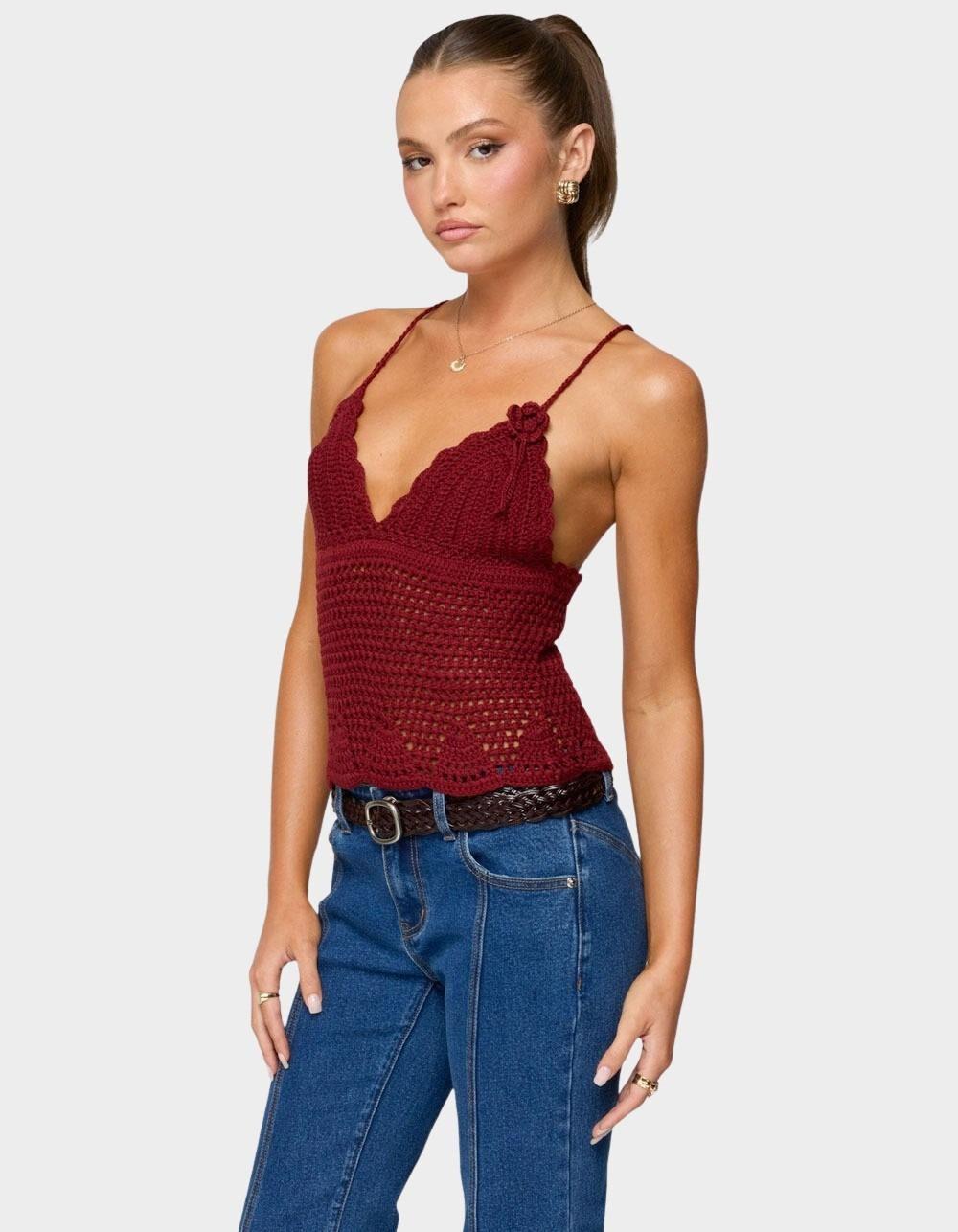 EDIKTED Delila Crochet V-Neck Top - DK RED Product Image