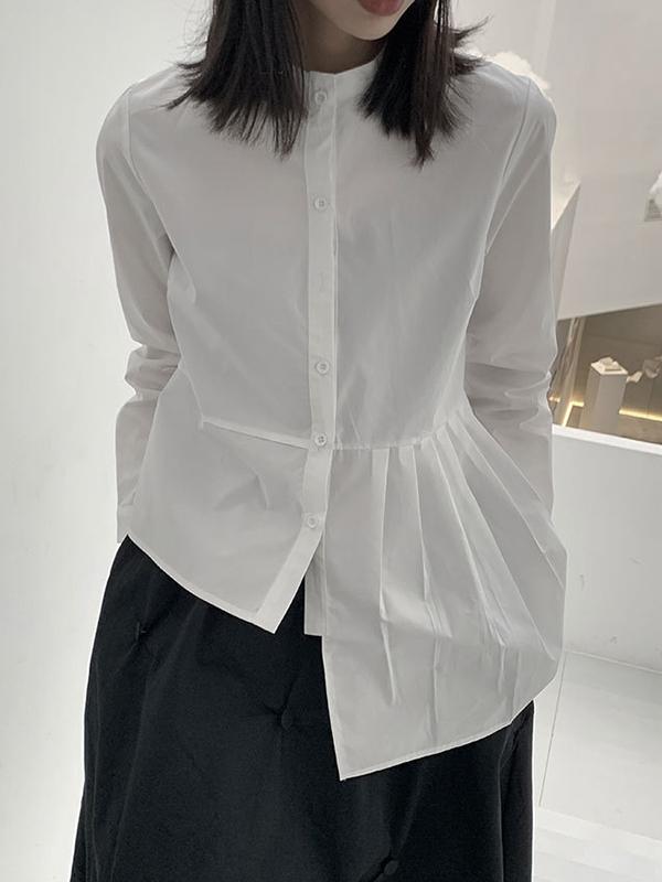 Long Sleeves Asymmetric Buttoned Pleated Solid Color Round-Neck Blouses&Shirts Tops Product Image