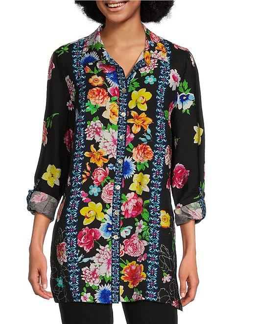 John Mark Floral Point Collar Long Roll-Tab Sleeve Button-Front Tunic Product Image