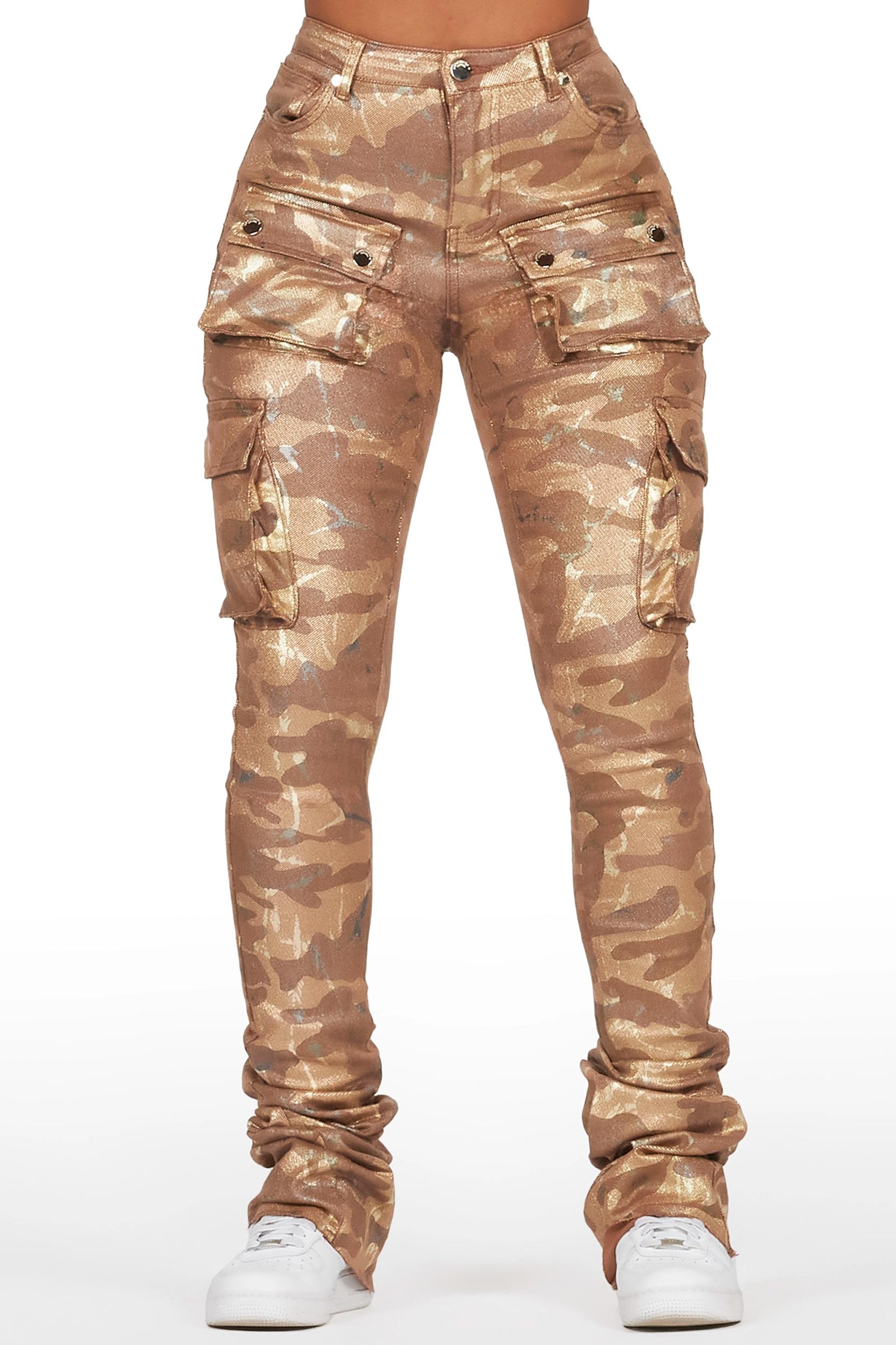Miyah Brown Camo Cargo Super Stacked PU Pant Female Product Image