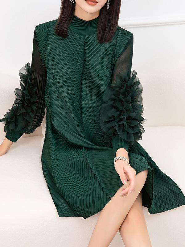 Long Sleeves Loose Embroidered Pleated Solid Color Round-Neck Midi Dresses Product Image