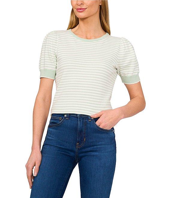 CeCe Knit Striped Crew Neck Short Puff Sleeve Sweater Product Image