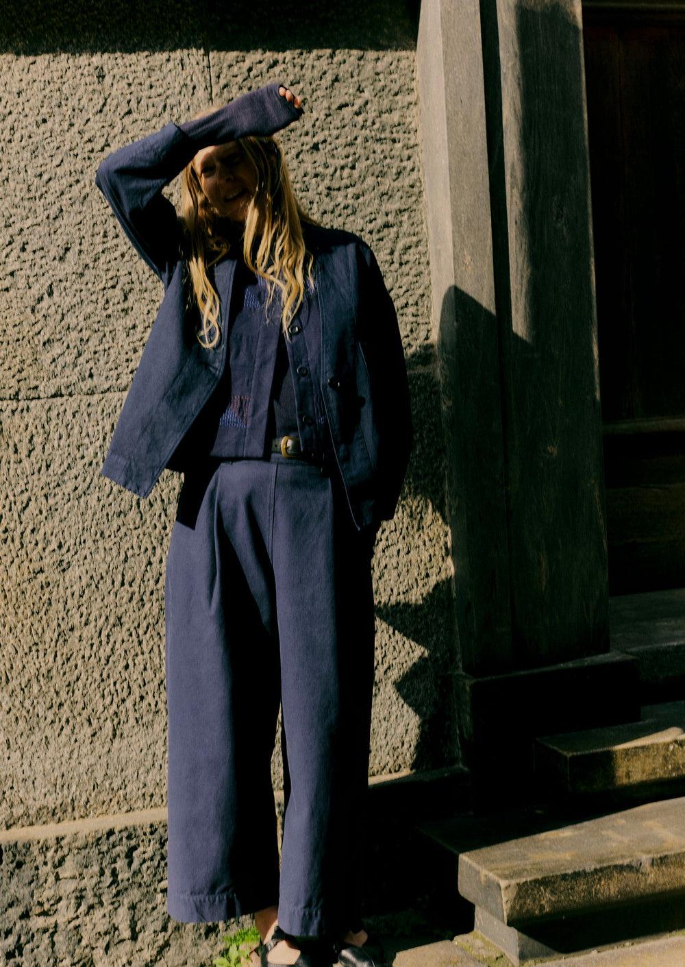 Cotton Canvas Pleat Front Pants | Blue Navy Product Image