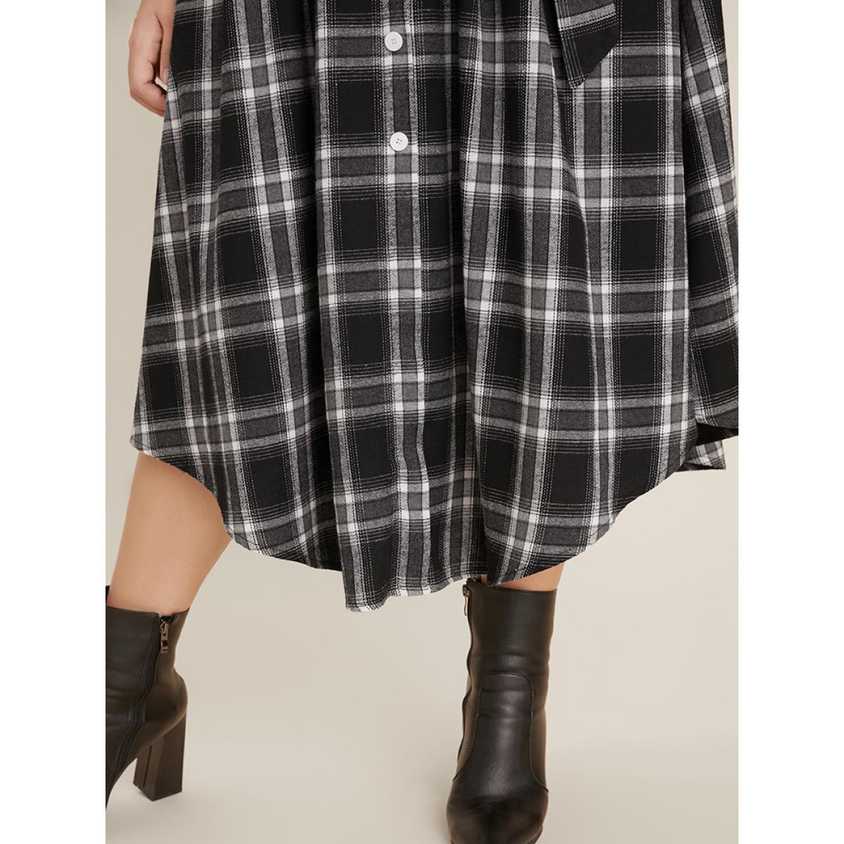 Plus Size Plaid Pocket Button Cuffed Sleeve Belted Arc Hem Dress Black Women Office Belted Shirt collar Long Sleeve Curvy Midi Dress BloomChic 30/6X Product Image