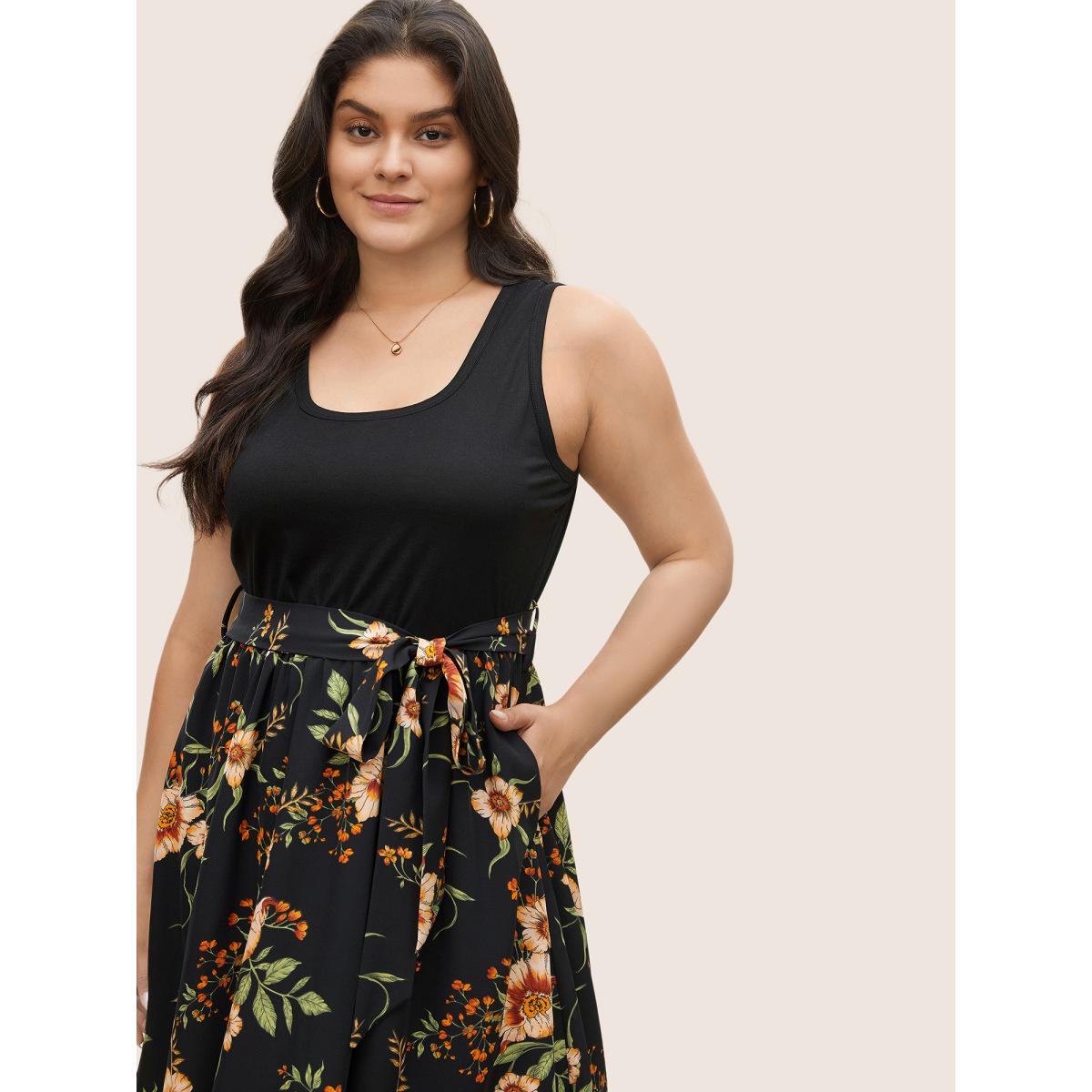 Plus Size Floral Patchwork Pocket Elastic Waist Sleeveless Dress Black Women Elegant Non Sleeveless Curvy Midi Dress BloomChic 22-24/3X Product Image