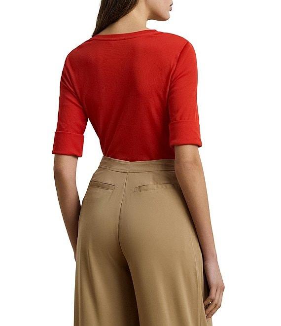 Lauren Ralph Lauren Stretch Cotton V-Neck Elbow Sleeve Fitted Tee Product Image