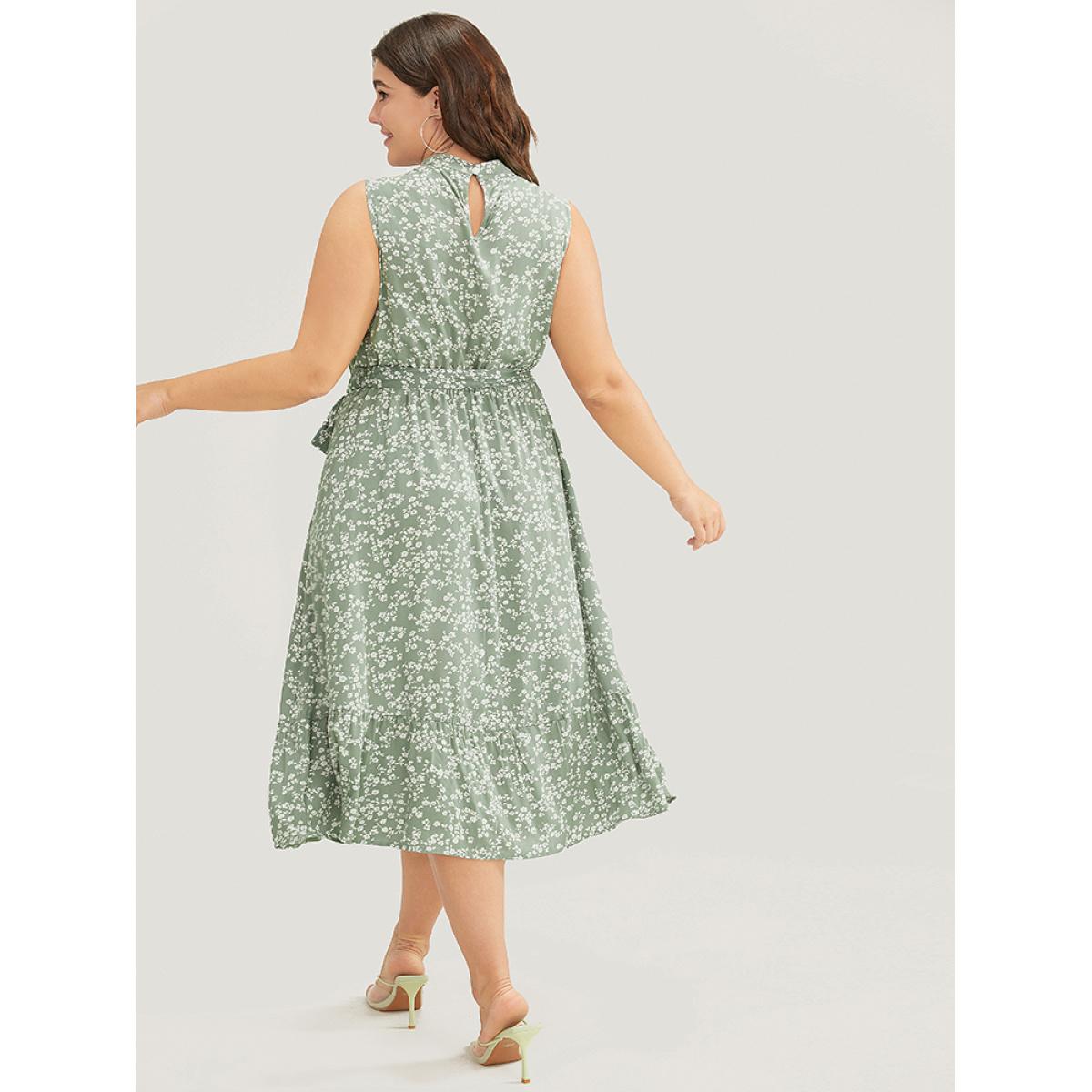 Plus Size Ditsy Floral Keyhole Pocket Belted Mock Neck Ruffles Dress Sage Women Elegant Pocket Mock Neck Sleeveless Curvy Midi Dress BloomChic 30/6X Product Image