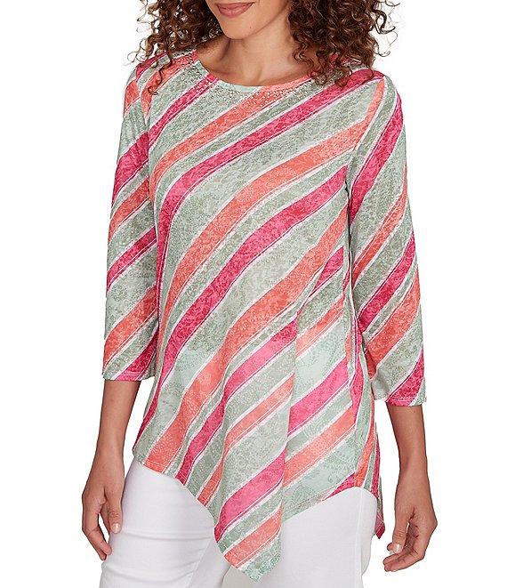 Ruby Rd. Knit Stripe Crew Neck 3/4 Sleeve Asymmetric Hem Top Product Image