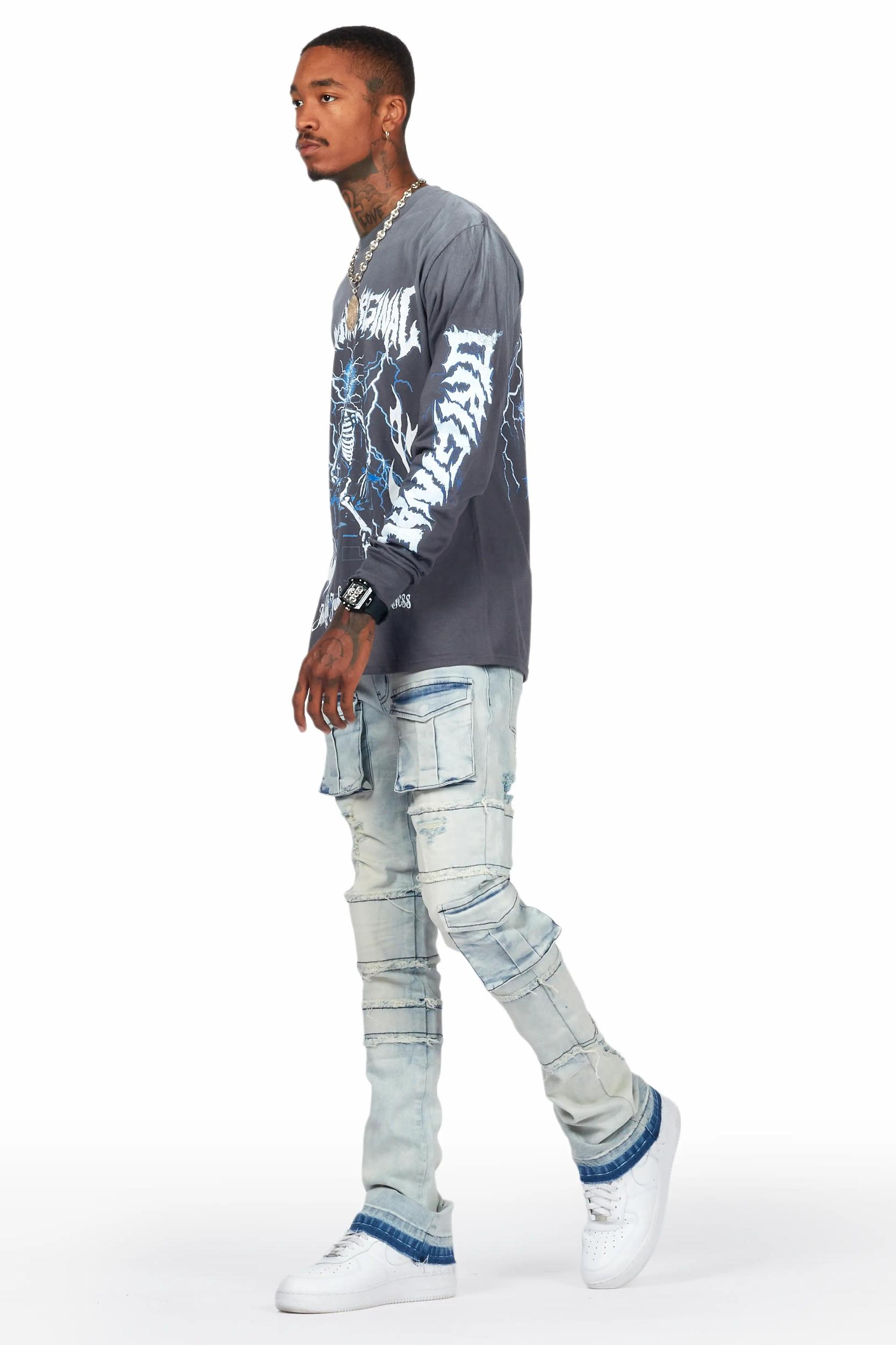 Folant Light Blue Stacked Cargo Flare Jean Male Product Image