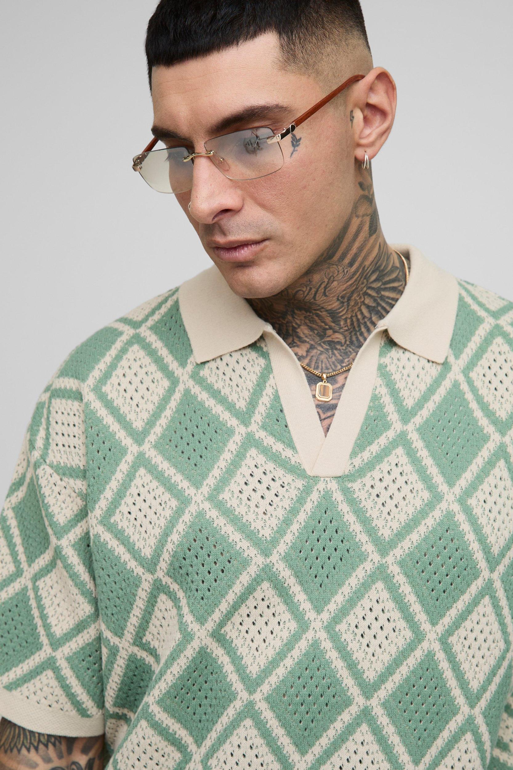 Tall Oversized Crochet Polo Shirt | boohooMAN USA Product Image