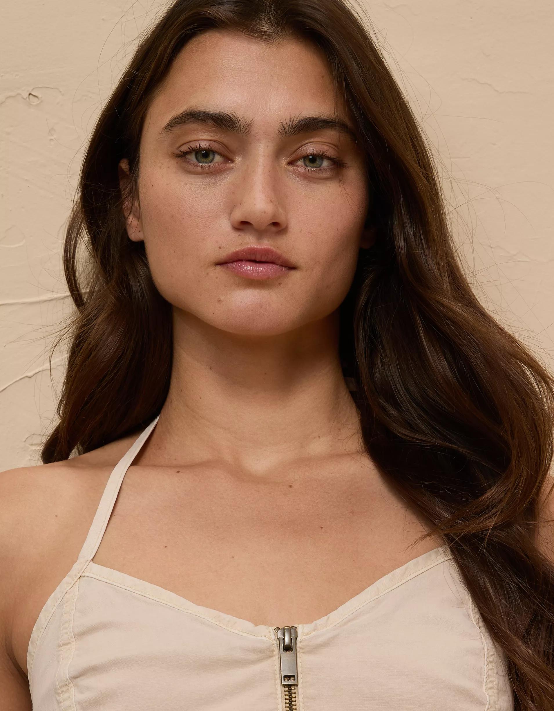 AE Poplin Zip-Front Halter Mini Dress Product Image