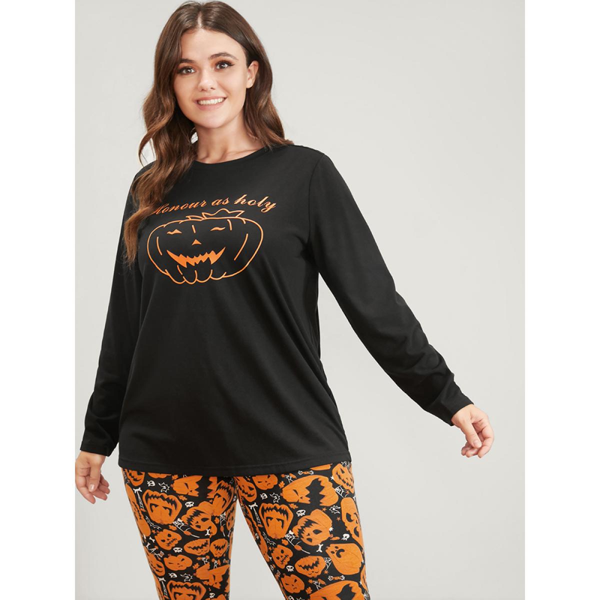 Plus Size Halloween Pumpkin Print Party Pajama Set Women Orange Graphic-Halloween Printed Long Sleeve Round Neck Casual Loungewear Sets BloomChic 10/M Product Image
