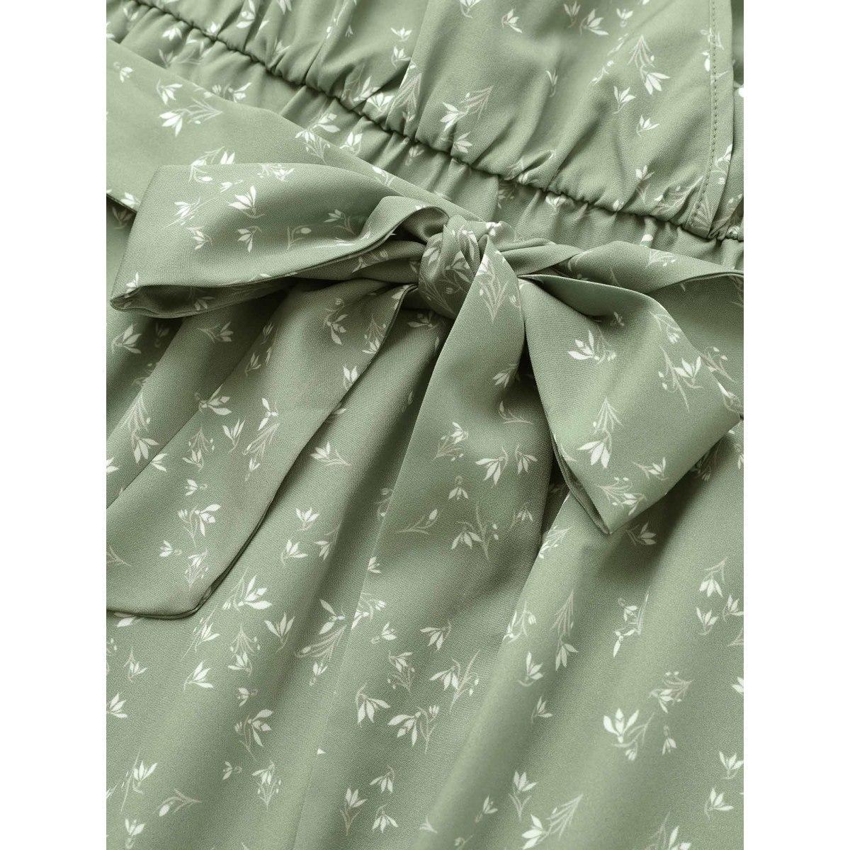 Plus Size Ditsy Floral Belted Surplice Neck Gathered Dress Mint Women Elegant Non Overlap Collar Elbow-length sleeve Curvy Midi Dress BloomChic 14-16/1X Product Image