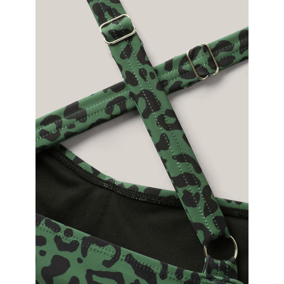 Plus Size Leopard Print Color Contrast One-Piece Swimsuit Women's Swimwear DarkGreen Resort Contrast Curve Bathing Suits High stretch One Pieces BloomChic 22-24/3X Product Image