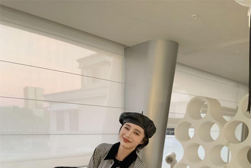 Gingham Contrast Collar Button-Up Shirt Jacket / High Waist Pleated Mini A-Line Skirt Product Image