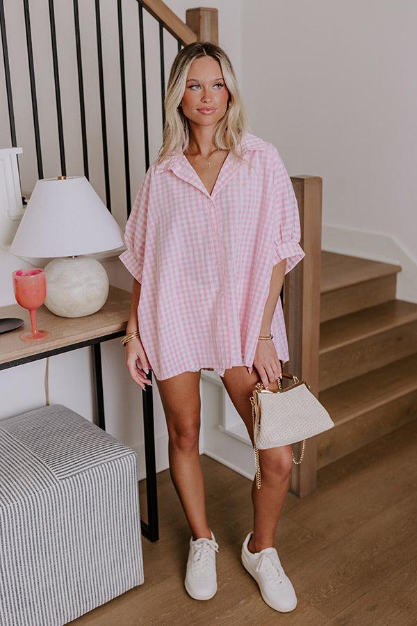 Picnic At The Park Oversized Gingham Button Up in Pink Product Image