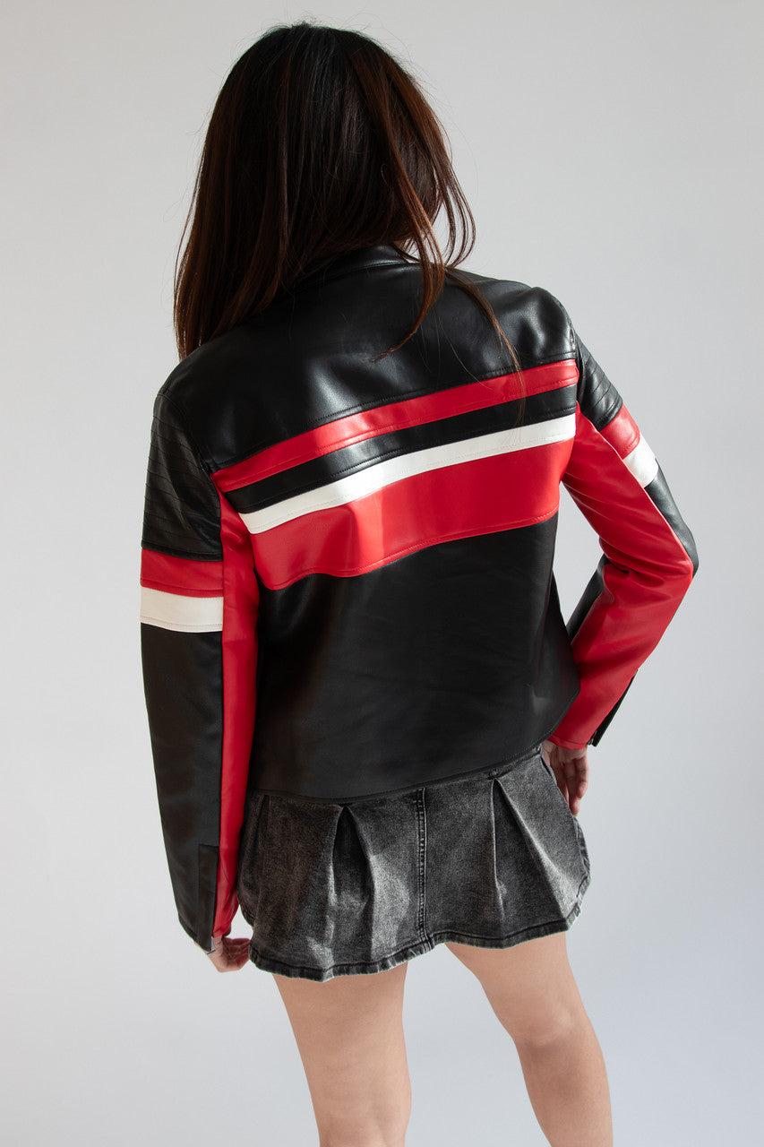 Racing Stripe Pleather Moto Jacket Product Image
