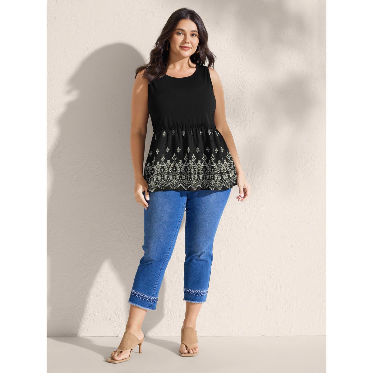 Plus Size Boho Print Round Neck Tank Top Women Black Boho Frill Trim Round Neck Vacation Tank Tops Camis BloomChic 30/6X Product Image