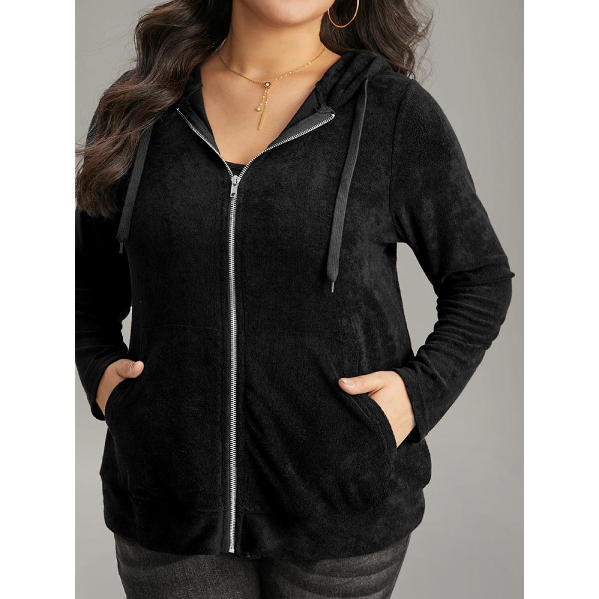 Plus Size Supersoft Essentials Solid Terry Hooded Zipper Sweatshirt Women Black Casual Plain Hooded Dailywear Sweatshirts BloomChic 28/5X Product Image