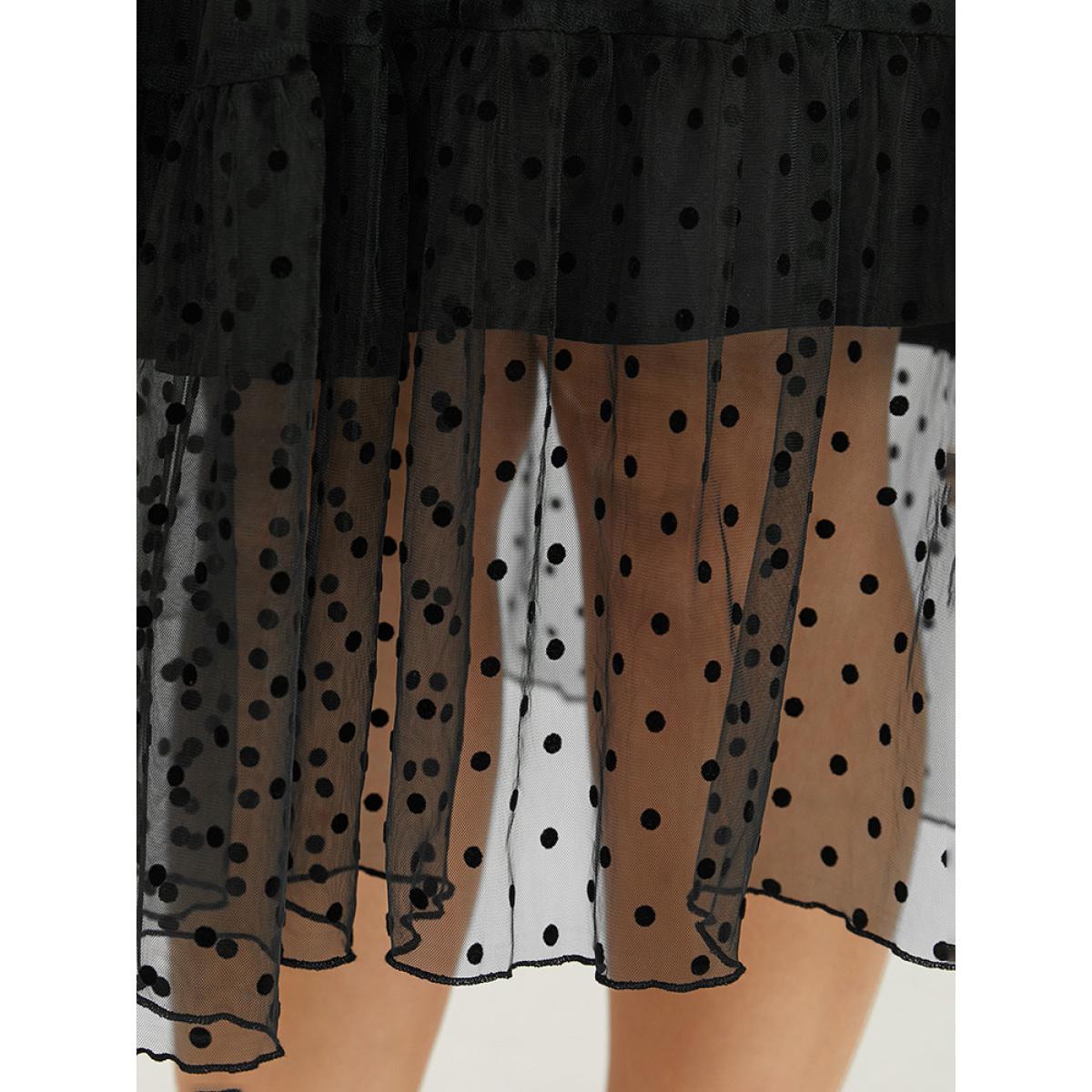 Plus Size Polka Dot Mesh Pocket Square Neck Dress Black Women Elegant Texture Square Neck Long Sleeve Curvy Midi Dress BloomChic 30/6X Product Image