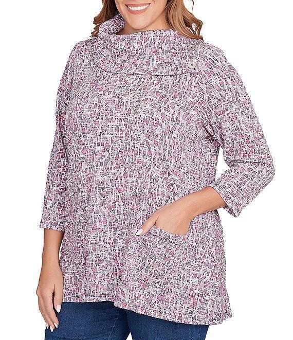 Ruby Rd. Plus Size Textured Jacquard Knit Space-Dyed Print Cowl Neck 3/4 Sleeve Sweater Product Image