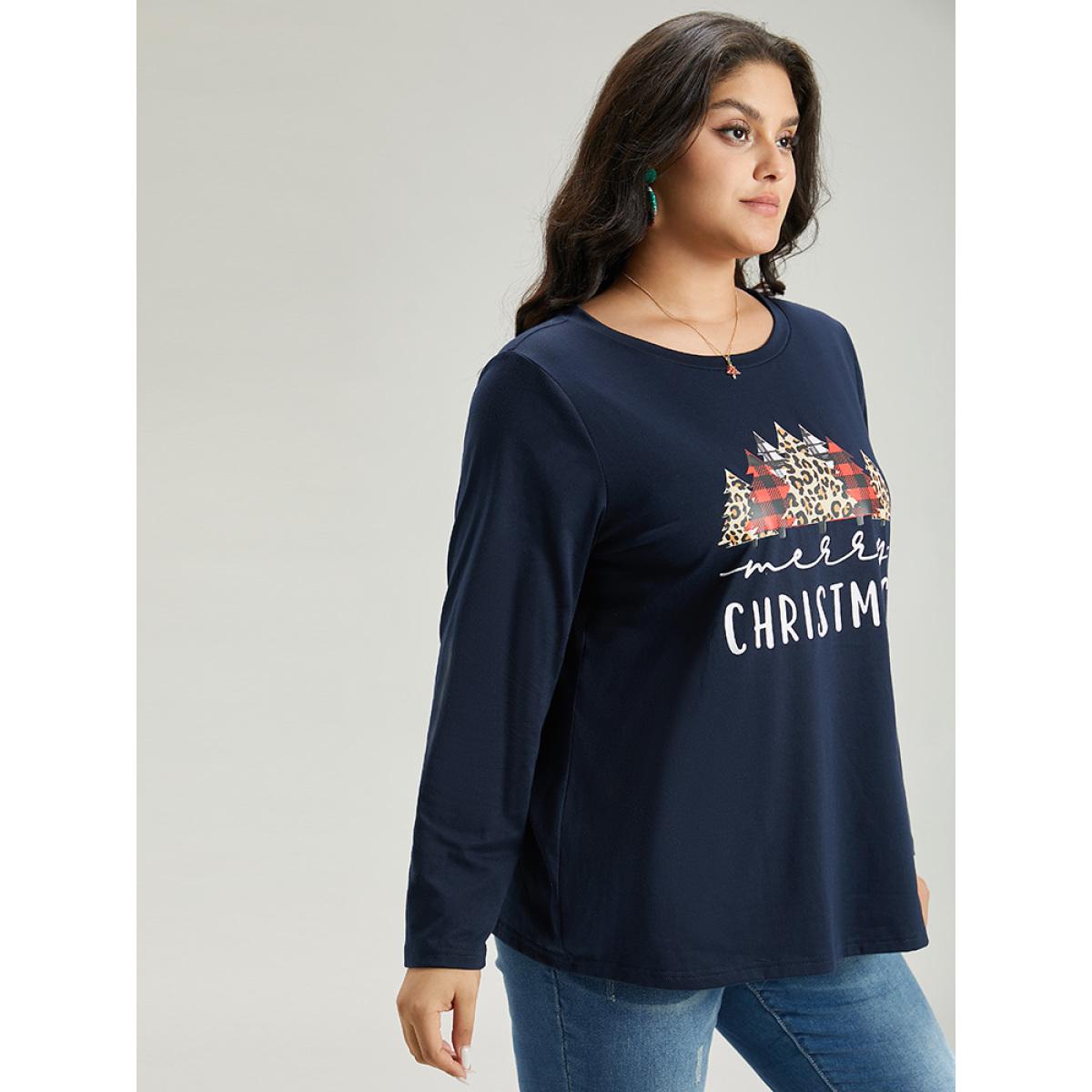 Plus Size Christmas Trees Letter Print Round Neck T-shirt Indigo Women Casual Printed Christmas Festival-Christmas T-shirts BloomChic 22-24/3X Product Image