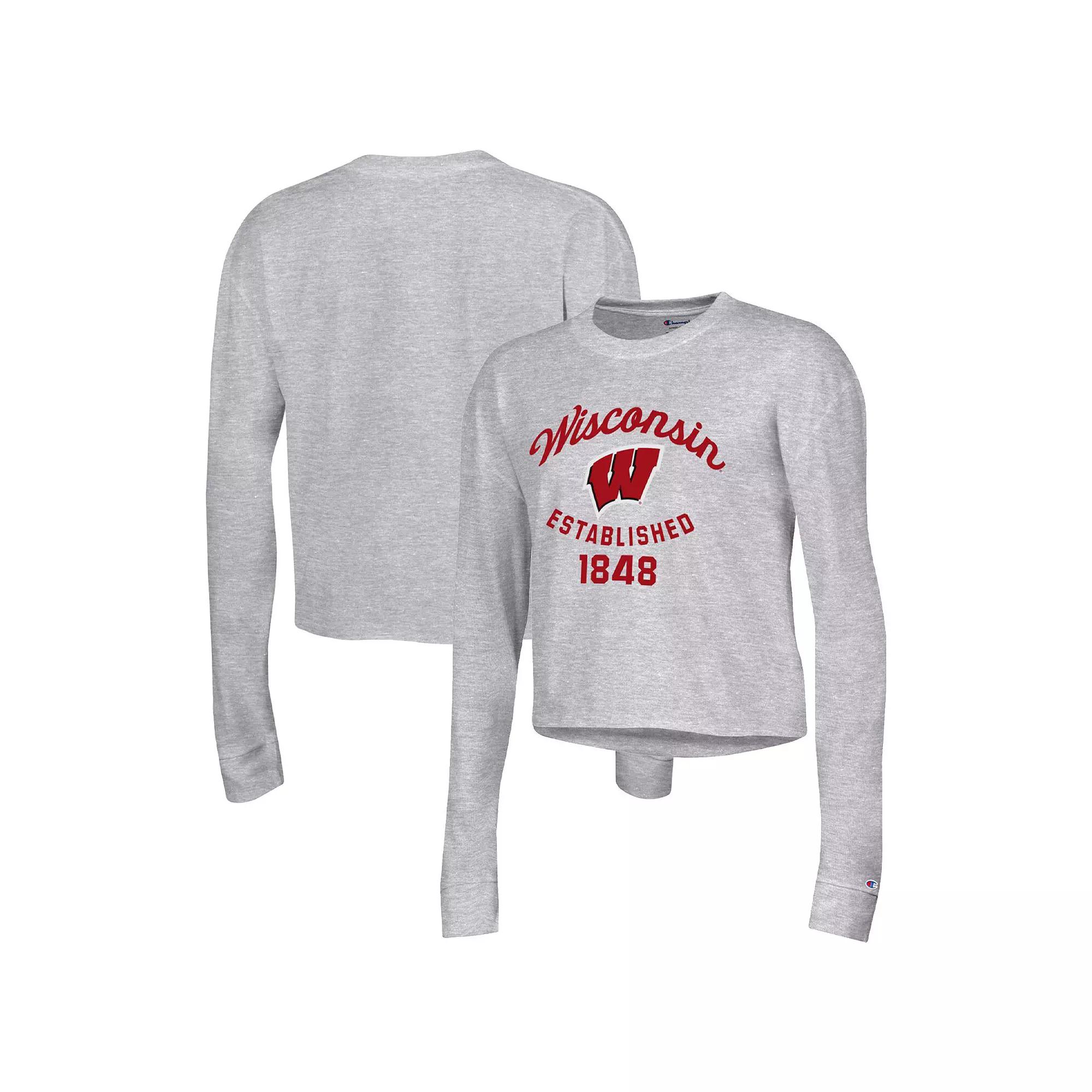 Women's Champion Gray Wisconsin Badgers Boyfriend Cropped Long Sleeve T-Shirt,  Product Image
