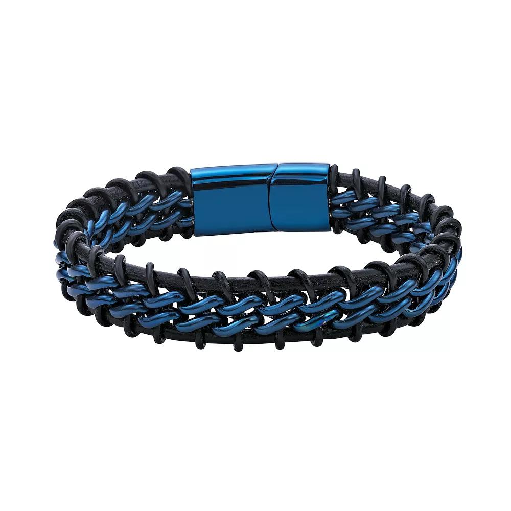 Men's LYNX Blue Ion Plated Stainless Steel & Braided Leather Bracelet, Size: 8.5" Product Image
