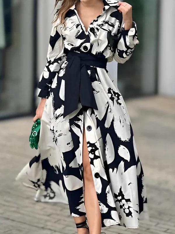 A-Line Long Sleeves Buttoned Contrast Color Flower Print Tied Waist Lapel Midi Dresses Shirt Dress Product Image