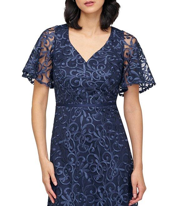 JS Collections Jess V-Neck Illusion Flutter Sleeve Embroidered Mesh A-Line Midi Dress Product Image