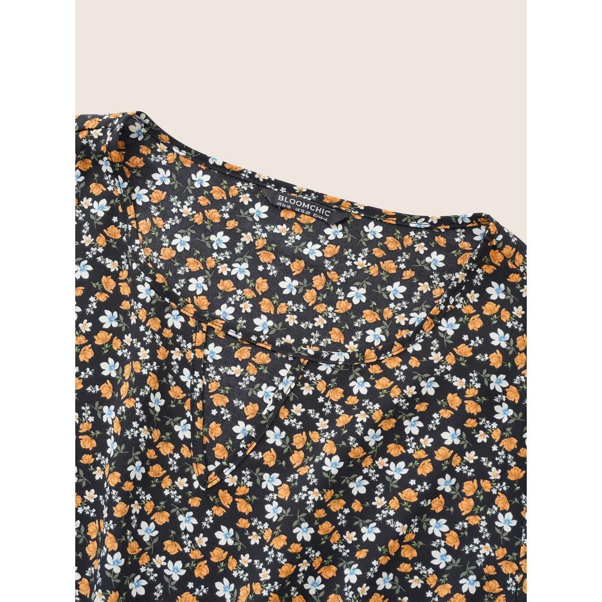 Plus Size Black Ditsy Floral Keyhole Elastic Waist Ruffle Sleeve Blouse Women Elegant Short sleeve Notched collar Everyday Blouses BloomChic 28/5X Product Image