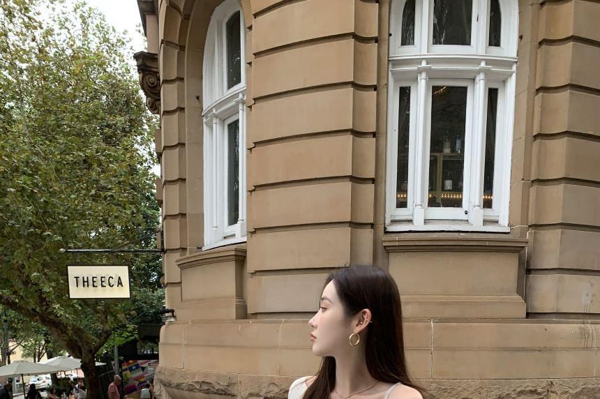 Spaghetti Strap Plaid Asymmetrical Ruffle Trim Midi A-Line Dress Product Image